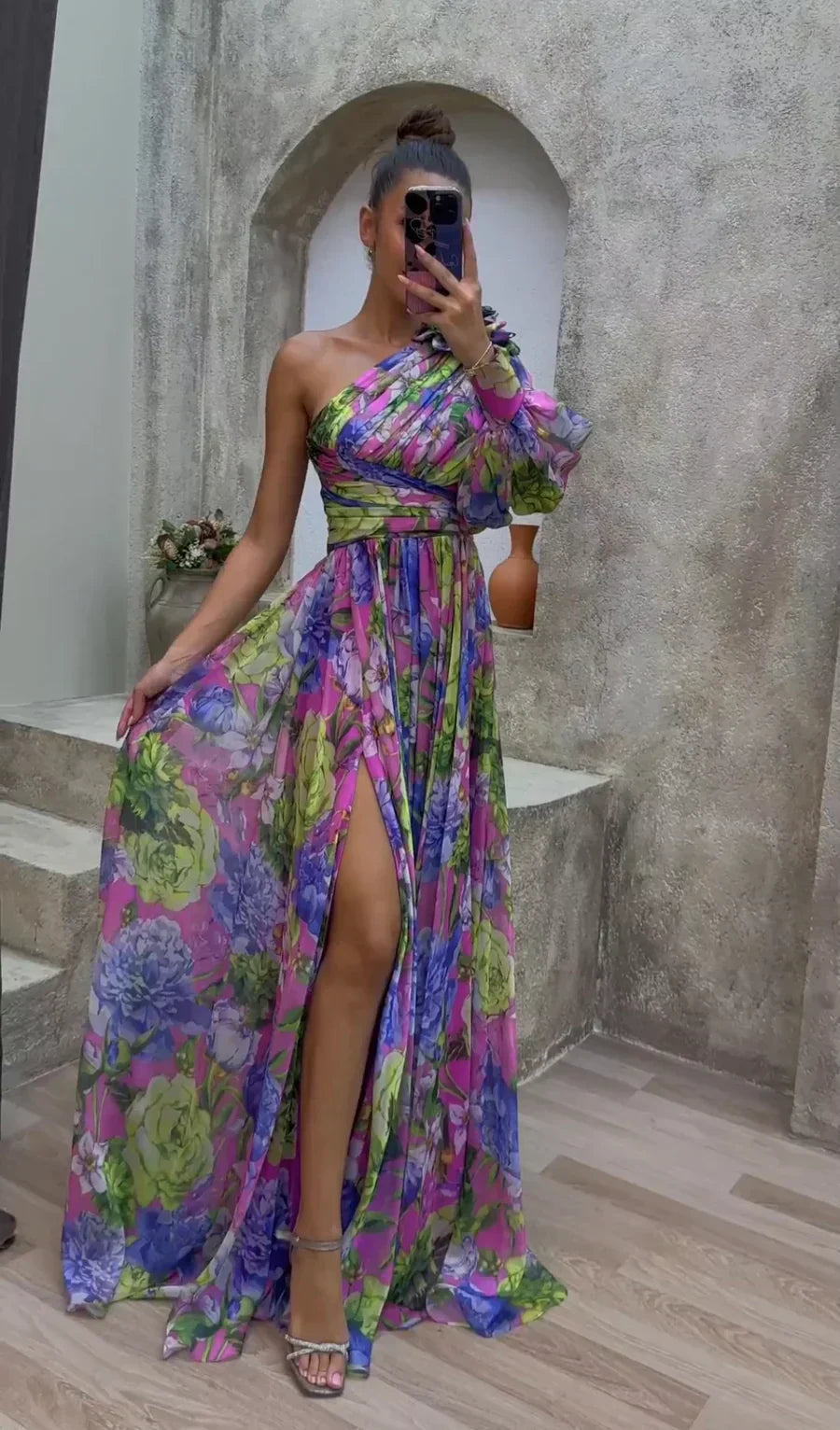 Christy | Women's Floral One Shoulder Maxi Dress-Metro Lane Plaza