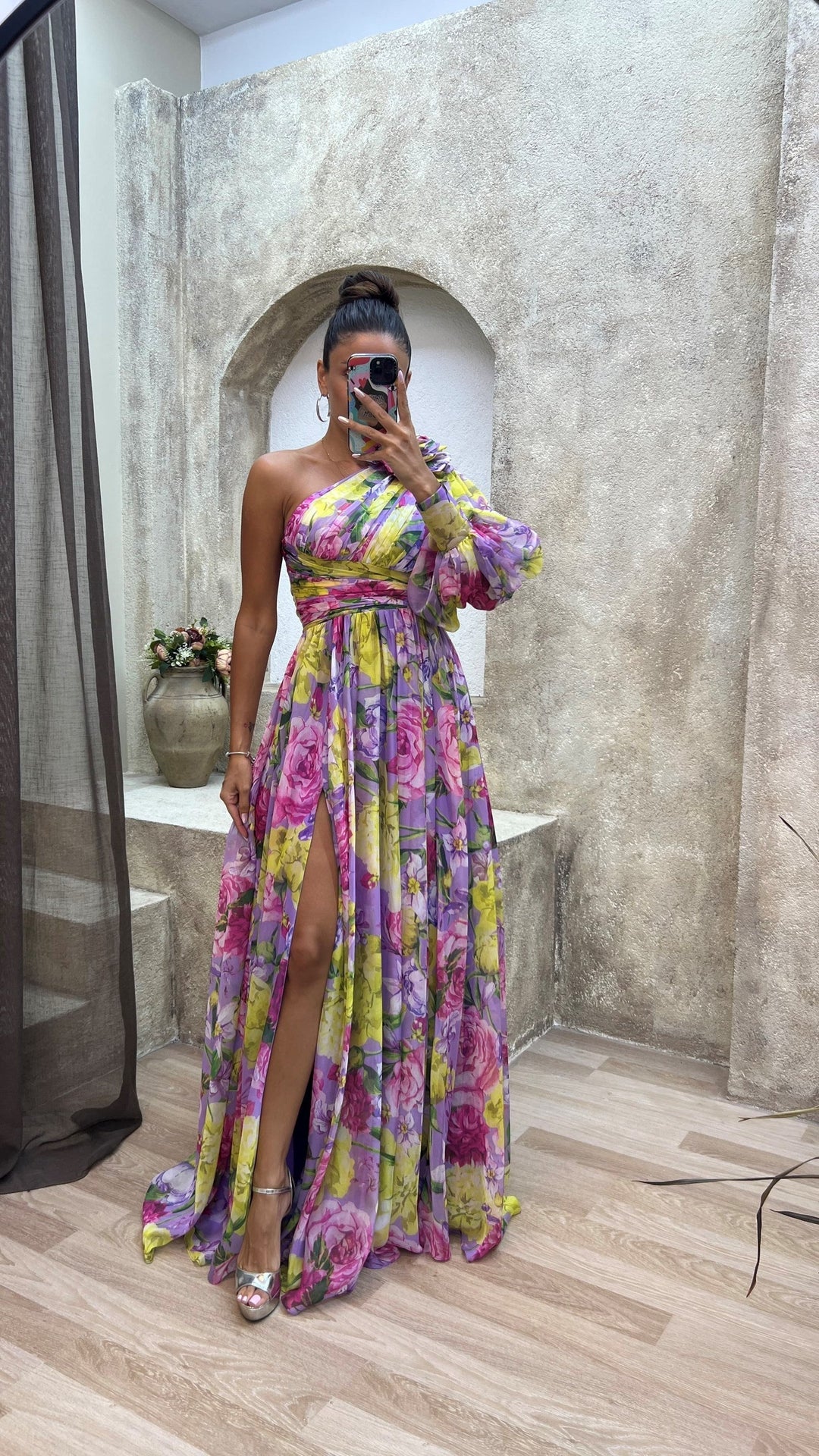 Christy | Women's Floral One Shoulder Maxi Dress-Metro Lane Plaza