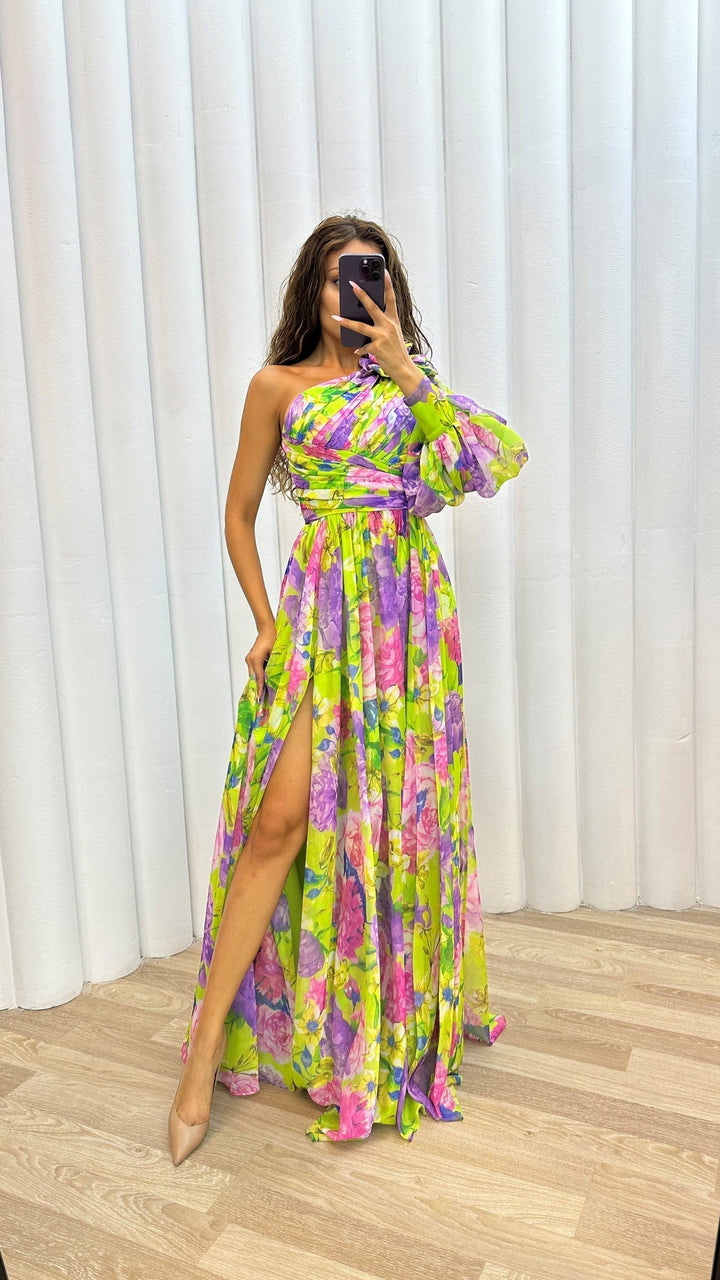 Christy | Women's Floral One Shoulder Maxi Dress-Metro Lane Plaza