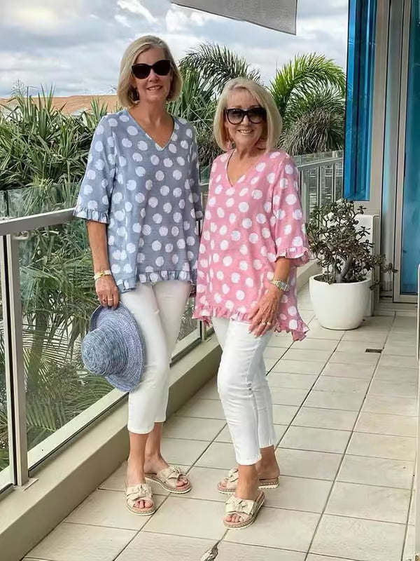 Clara | Women's V-Neck Polka Dot Blouse-Metro Lane Plaza