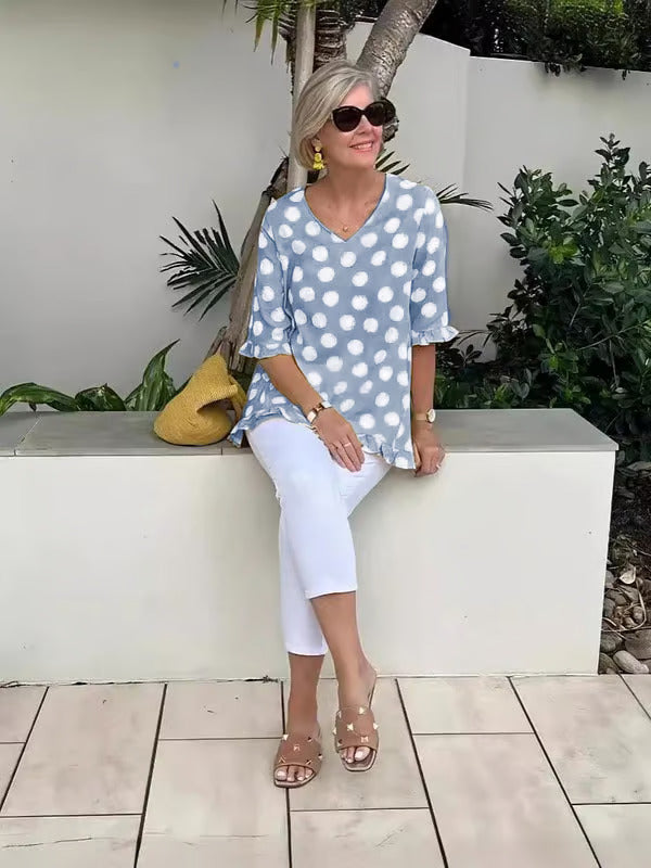 Clara | Women's V-Neck Polka Dot Blouse-Metro Lane Plaza
