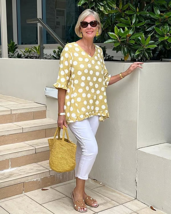 Clara | Women's V-Neck Polka Dot Blouse-Metro Lane Plaza