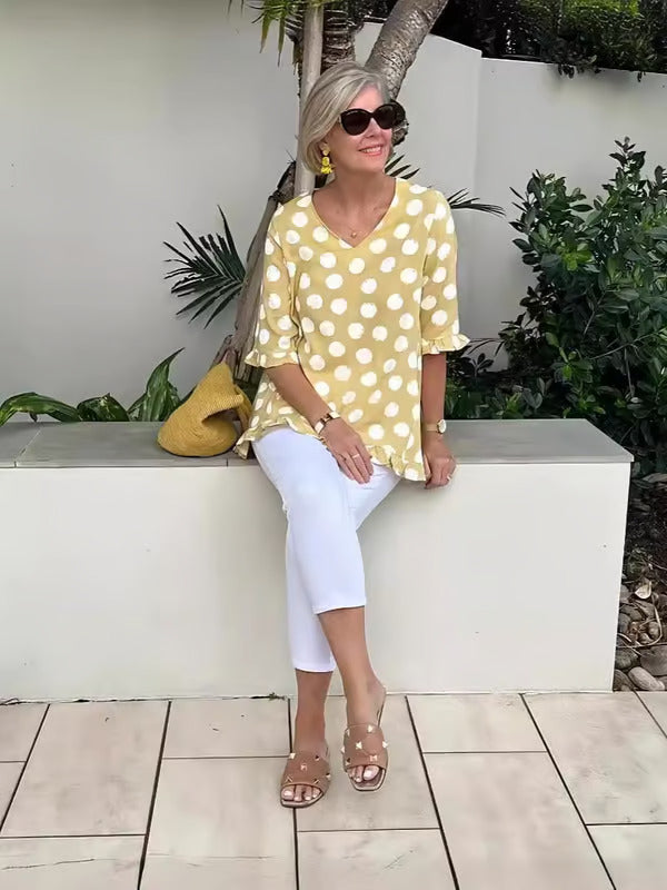 Clara | Women's V-Neck Polka Dot Blouse-Metro Lane Plaza