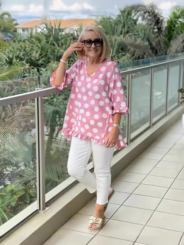 Clara | Women's V-Neck Polka Dot Blouse-Metro Lane Plaza