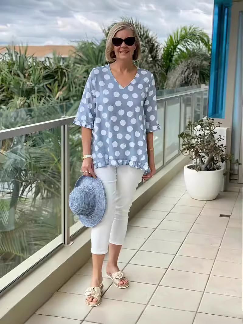 Clara | Women's V-Neck Polka Dot Blouse-Metro Lane Plaza