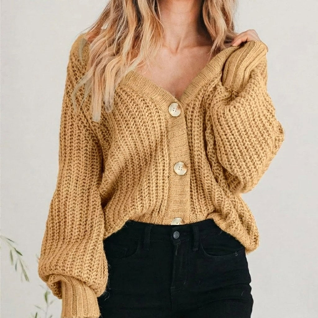 Cardigan oversize pour femme en maille épaisse, col en V et manches ballon