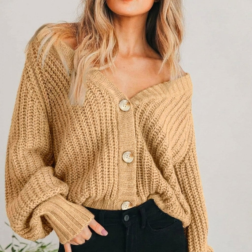 Cardigan oversize pour femme en maille épaisse, col en V et manches ballon