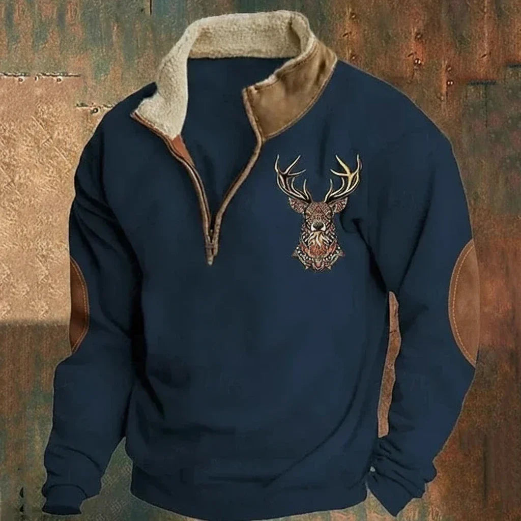 Camisola masculina nórdica com fecho de meio comprimento e veados
