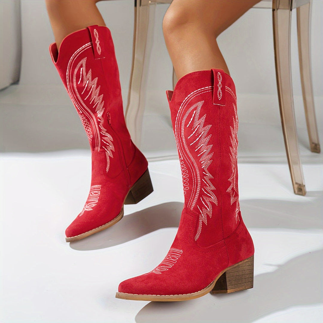 Women's Western Style Cowboy Boots with Pointed Toes and Block Heels-Metro Lane Plaza