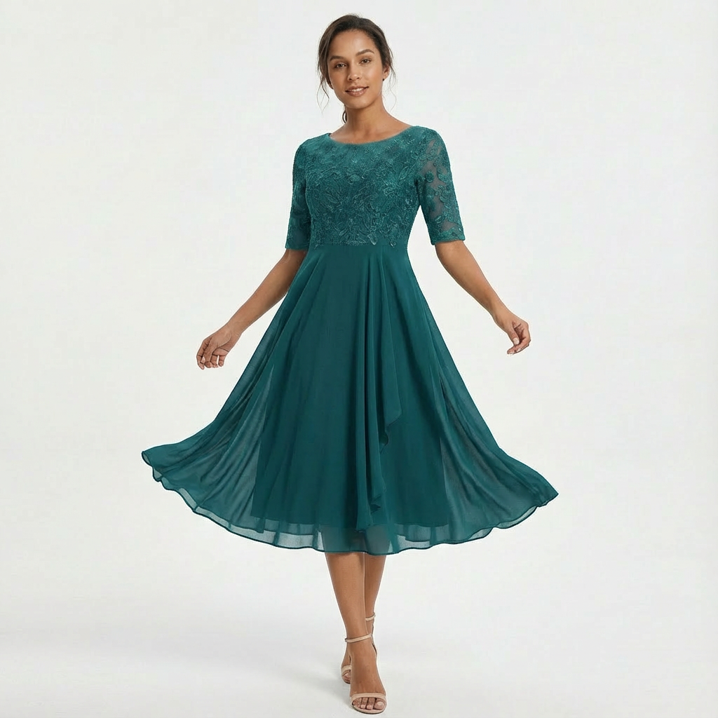 Women's Elegant Lace Midi Dress with Half Sleeves-Metro Lane Plaza