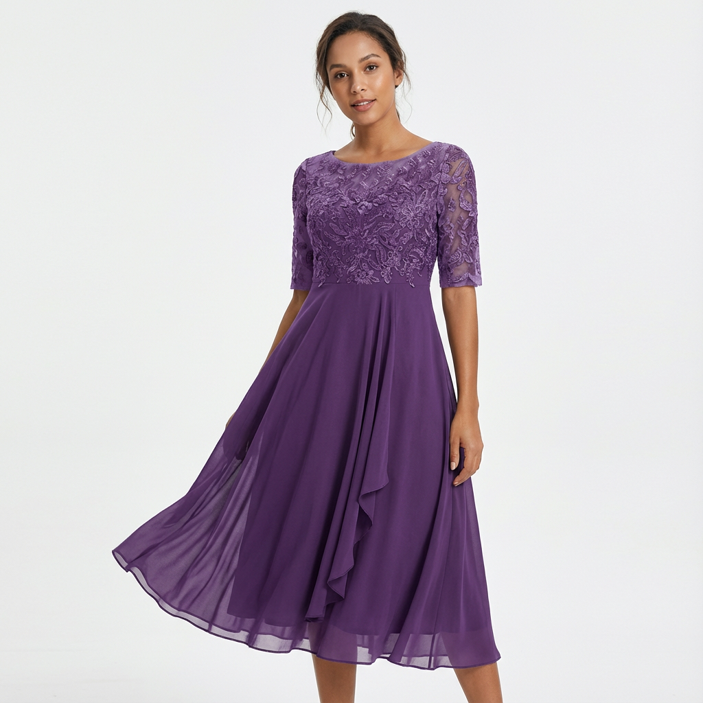 Women's Elegant Lace Midi Dress with Half Sleeves-Metro Lane Plaza