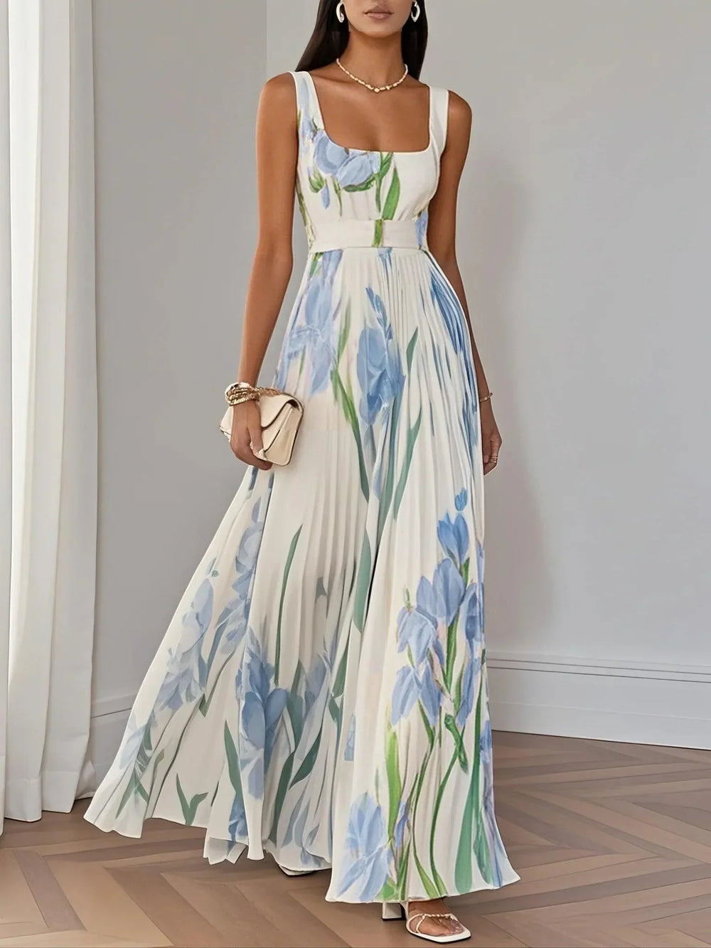 Anastasia | Women's White Floral Pleated Maxi Dress-Metro Lane Plaza