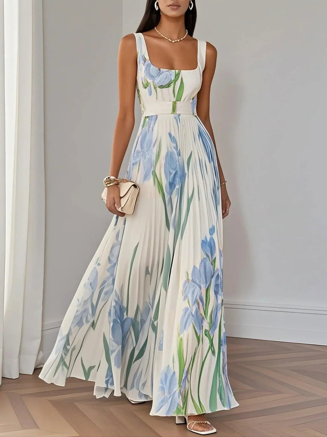 Anastasia | Women's White Floral Pleated Maxi Dress-Metro Lane Plaza