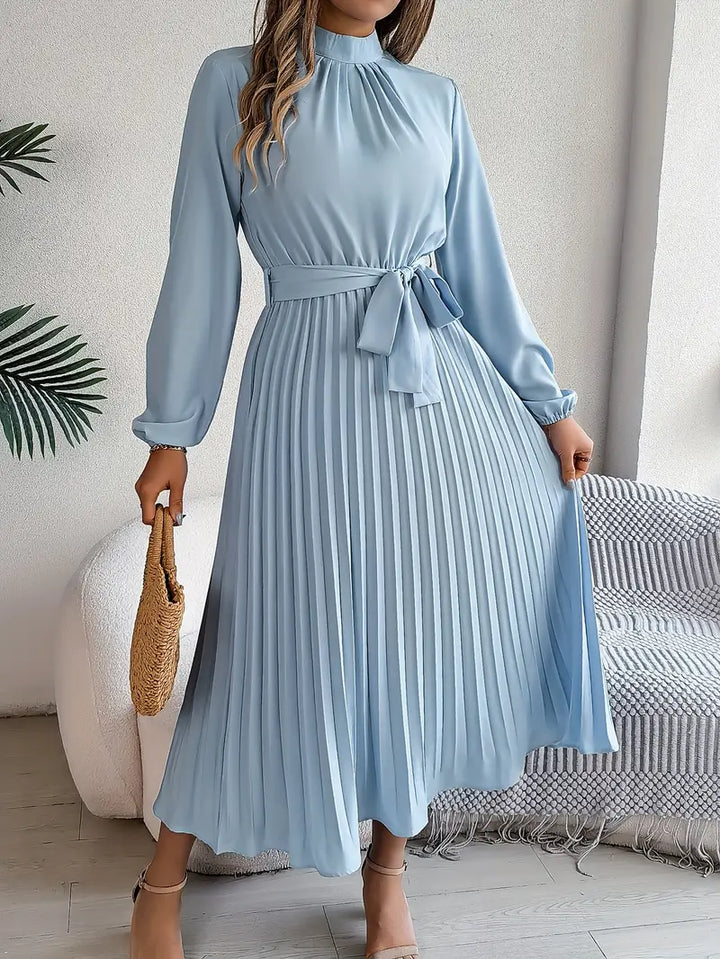 Sophia | Women's Long-Sleeve Pleated Midi Dress with Belted Waist-Metro Lane Plaza