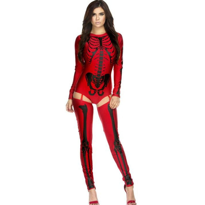 Halloween-skelet-skurkekostume til kvinder med anatomisk tryk