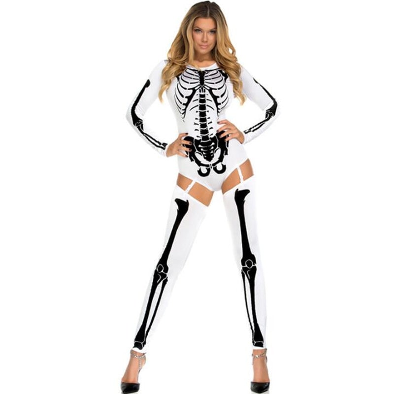 Halloween-skelet-skurkekostume til kvinder med anatomisk tryk