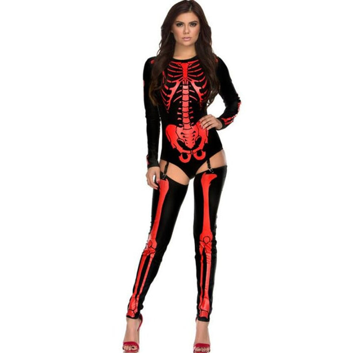 Halloween-skelet-skurkekostume til kvinder med anatomisk tryk