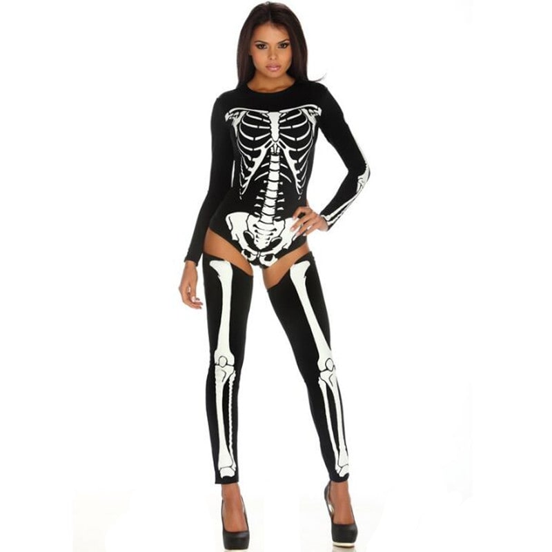 Halloween-skelet-skurkekostume til kvinder med anatomisk tryk