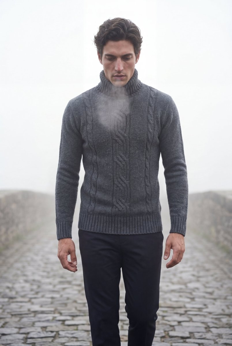 Rullekravetrøje i kabelstrik til mænd