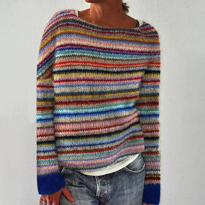 Suéter de cuello redondo a rayas arcoíris para mujer