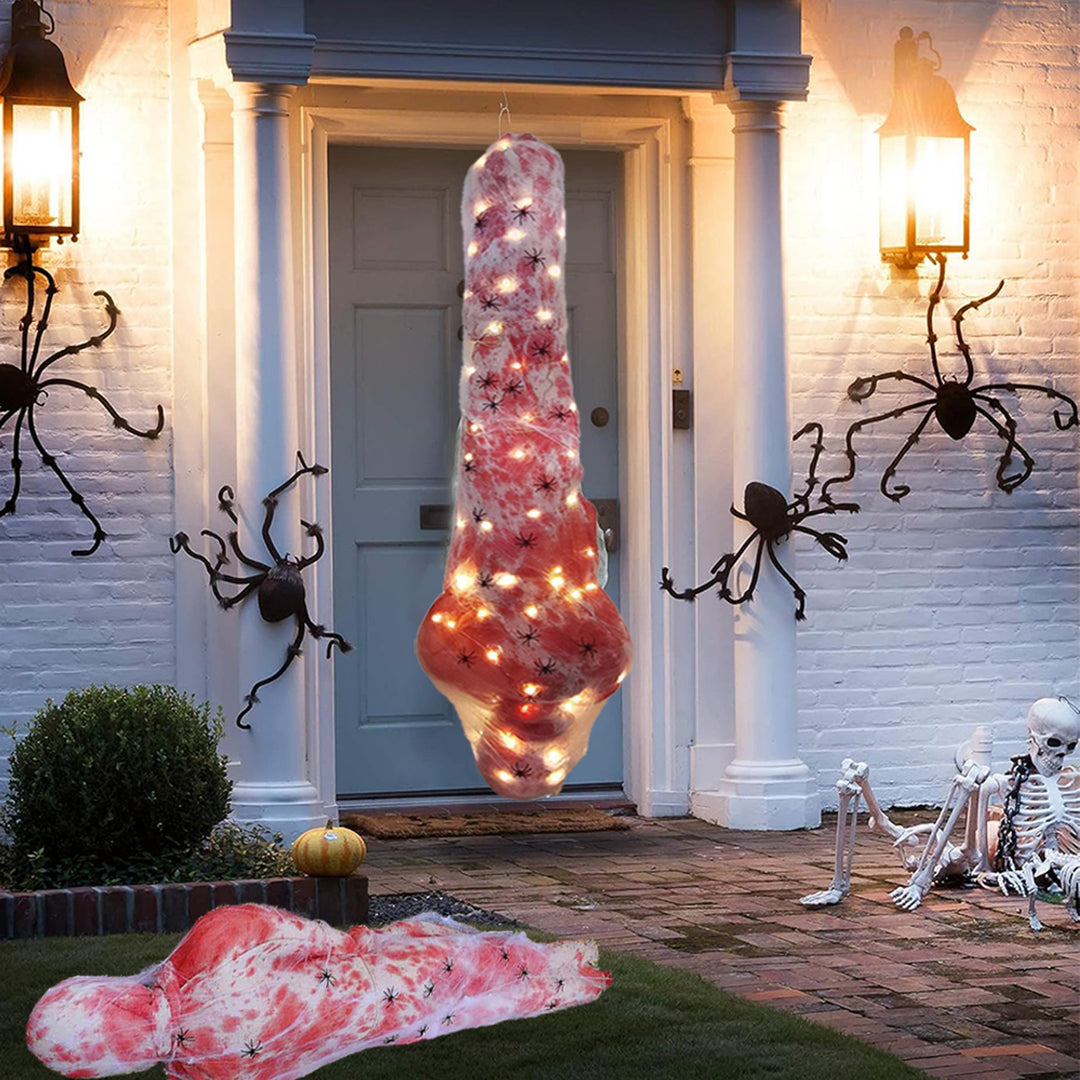 Cadáver en capullo colgante de 59in para mujer con luces de cadena cálidas para Halloween