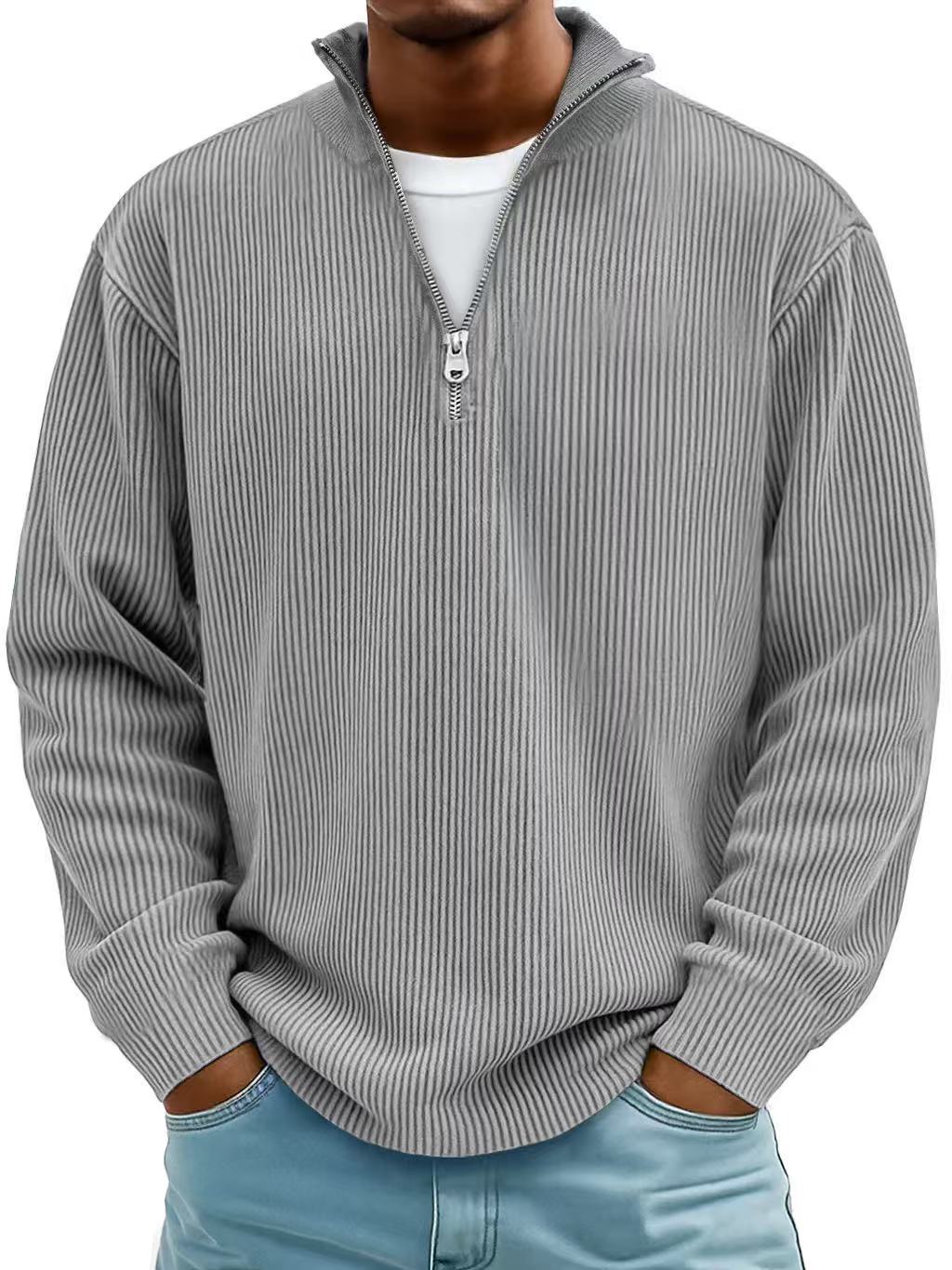 Pull en maille côtelée à manches longues, demi-fermeture zippée, pour homme