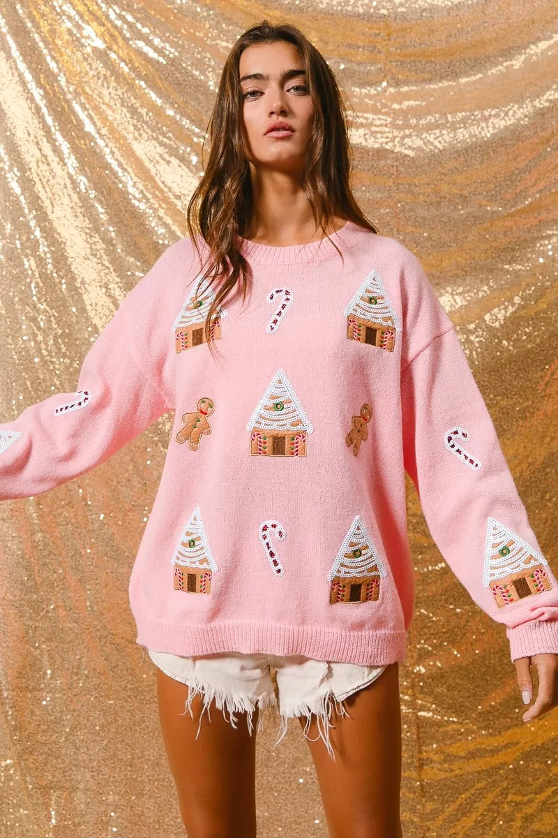 Camisola de gola redonda de inverno com tema natalício para senhora