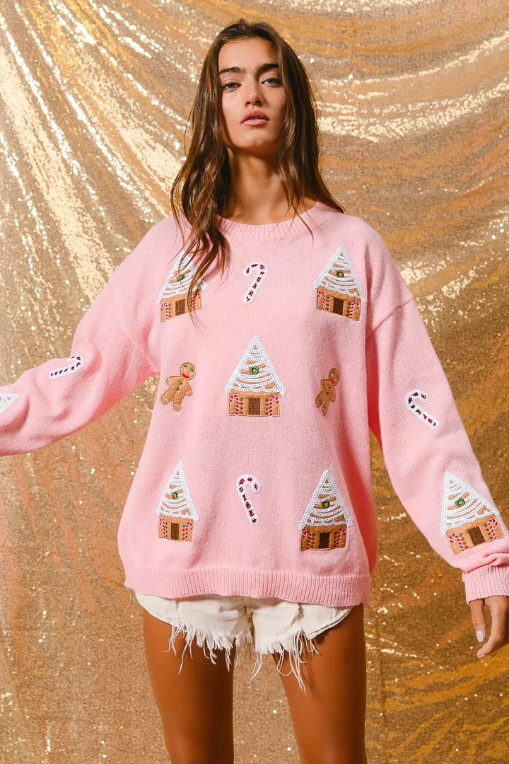 Camisola de gola redonda de inverno com tema natalício para senhora