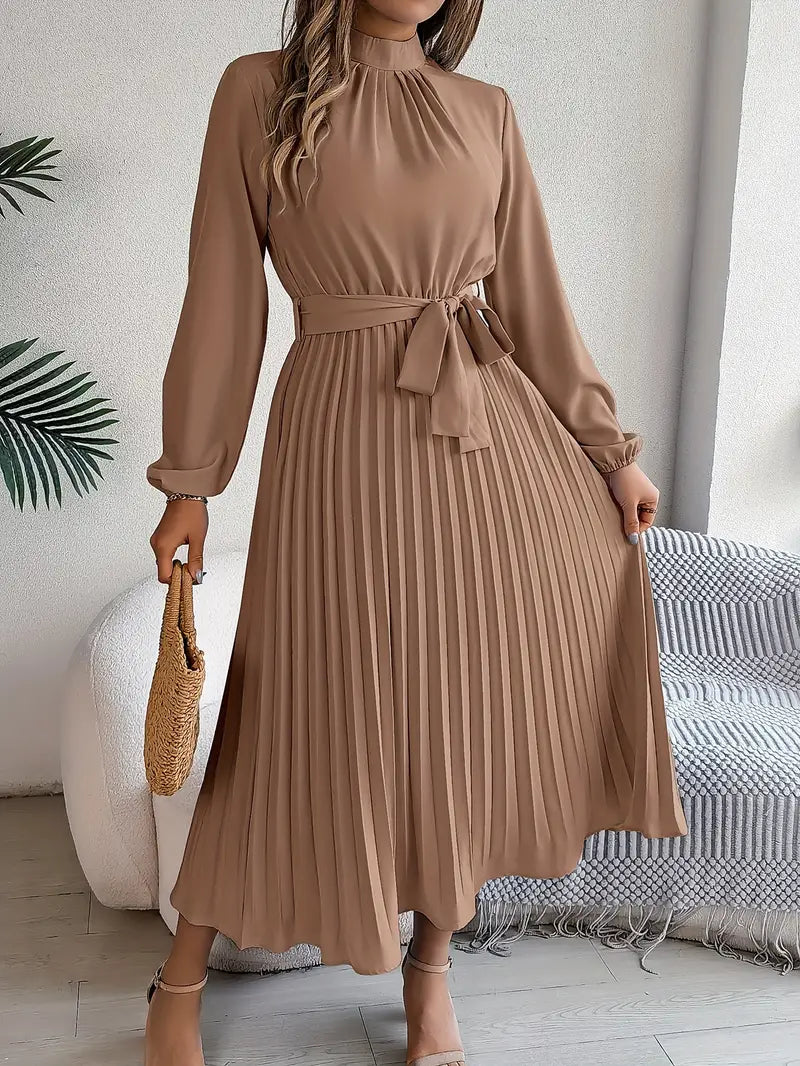 Sophia | Women's Long-Sleeve Pleated Midi Dress with Belted Waist-Metro Lane Plaza