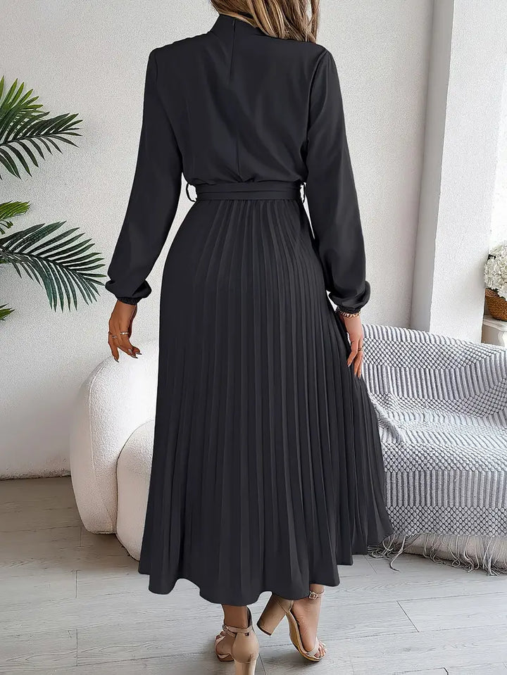 Sophia | Women's Long-Sleeve Pleated Midi Dress with Belted Waist-Metro Lane Plaza