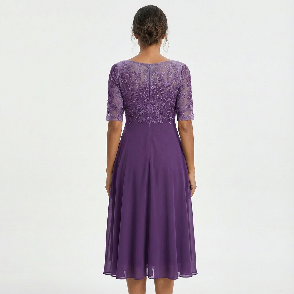 Women's Elegant Lace Midi Dress with Half Sleeves-Metro Lane Plaza