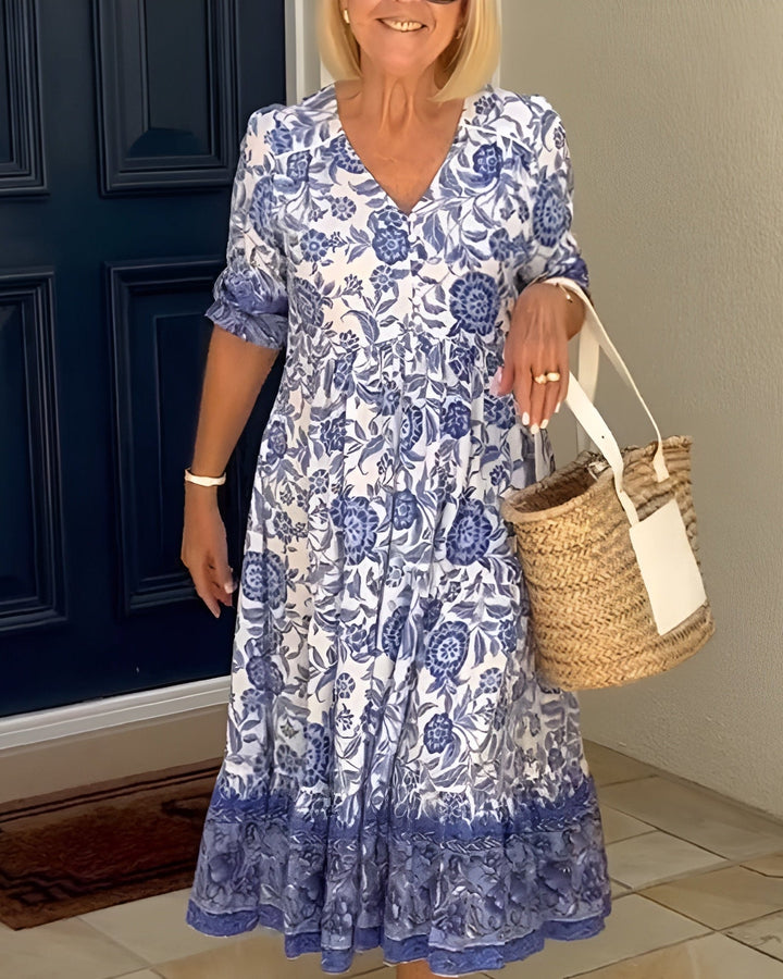 Athena | Women's Elegant V-Neck Floral Dress-Metro Lane Plaza