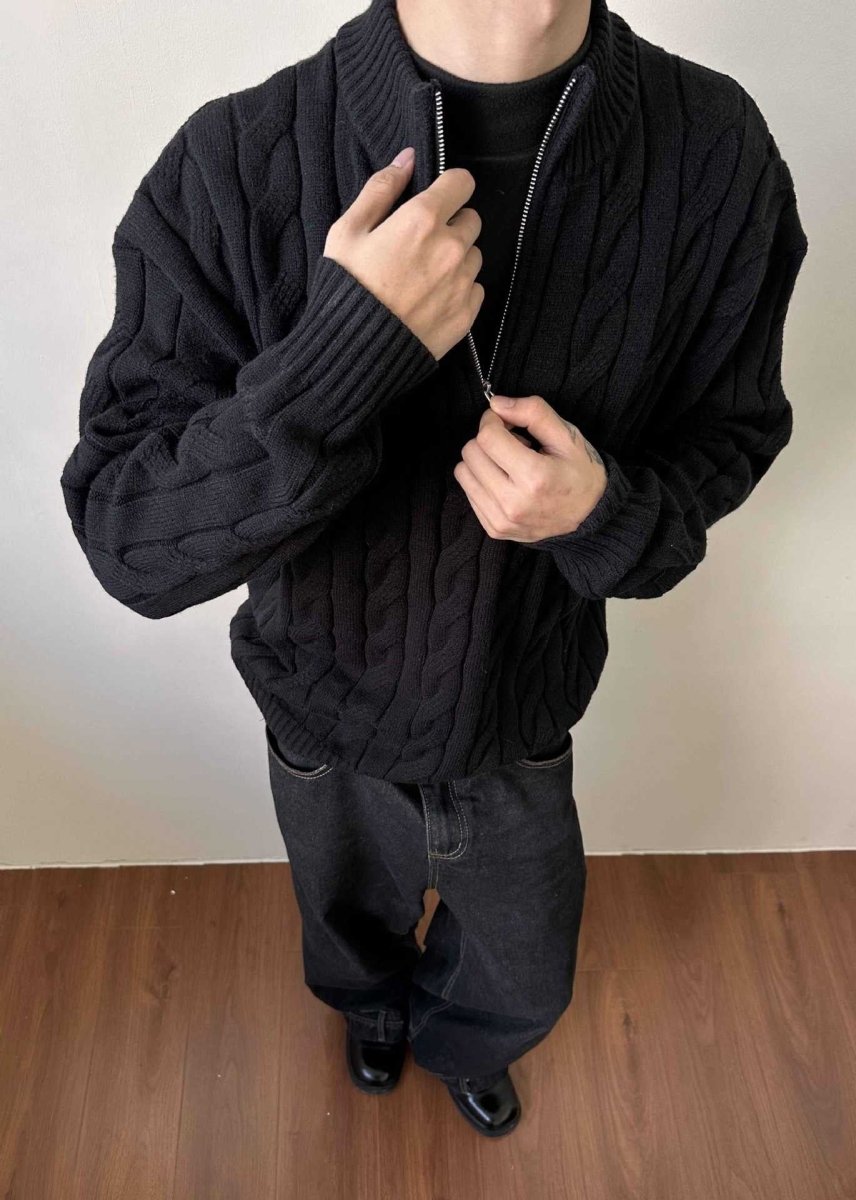 Pull en maille torsadée à fermeture éclair quart de longueur pour homme