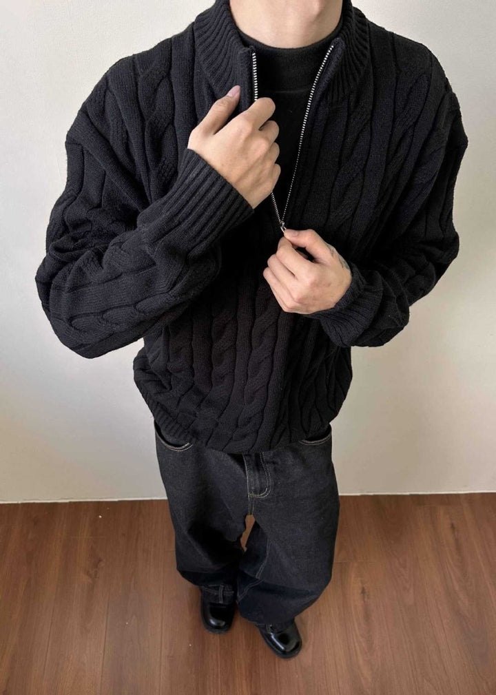 Pull en maille torsadée à fermeture éclair quart de longueur pour homme