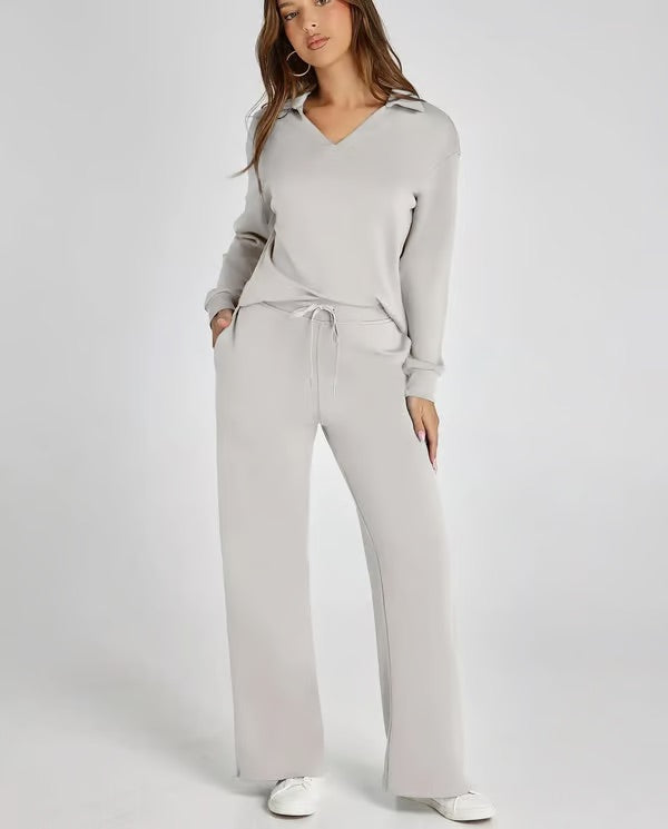 Women's V-Neck Sweater and Wide Pants Two-Piece Set for Fall & Winter-Metro Lane Plaza