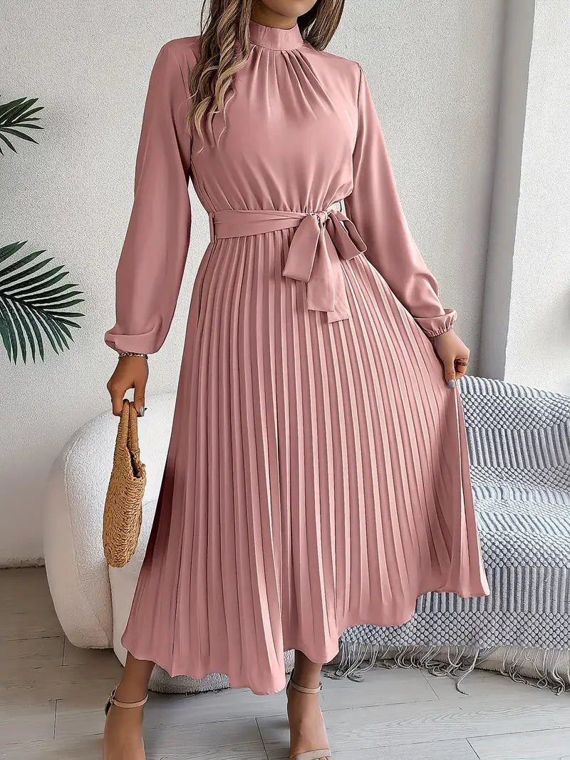Sophia | Women's Long-Sleeve Pleated Midi Dress with Belted Waist-Metro Lane Plaza