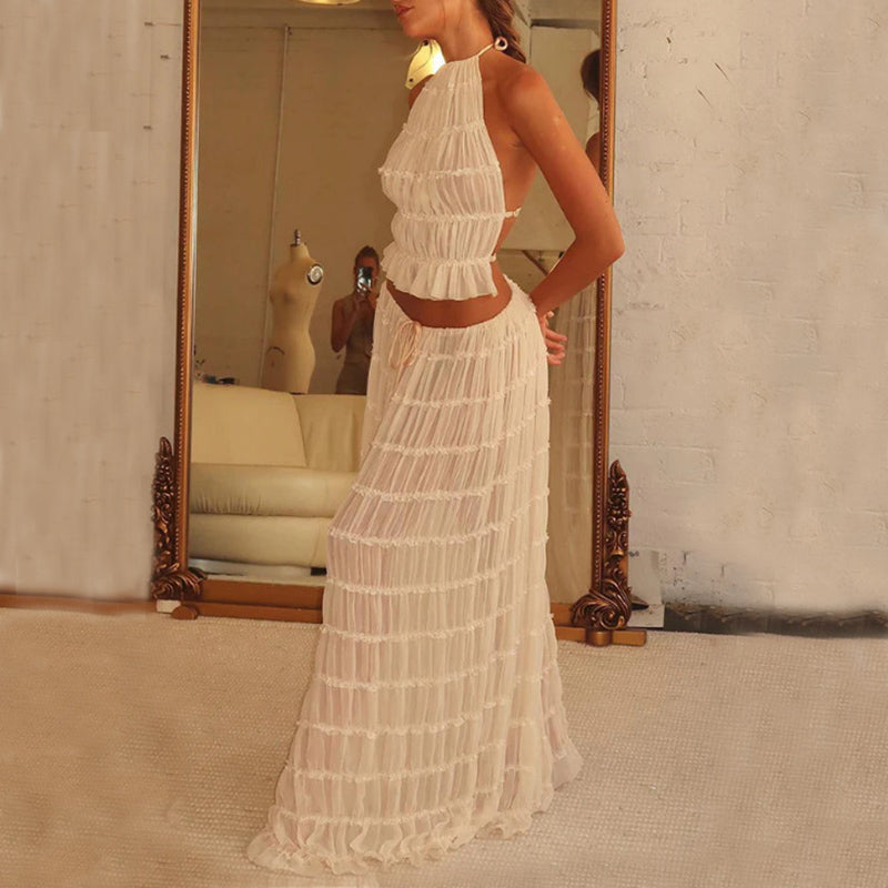 Sophia | Women's 2pcs Dress Suit with Sleeveless Halter Top and Skirt-Metro Lane Plaza