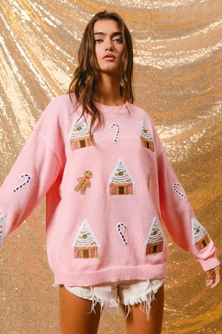 Camisola de gola redonda de inverno com tema natalício para senhora