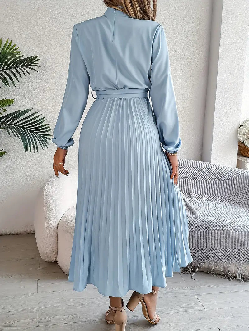 Sophia | Women's Long-Sleeve Pleated Midi Dress with Belted Waist-Metro Lane Plaza