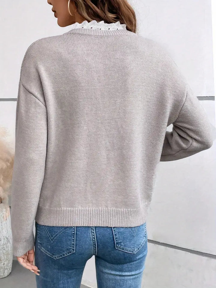 Suéter tejido para mujer con elegante cuello de encaje
