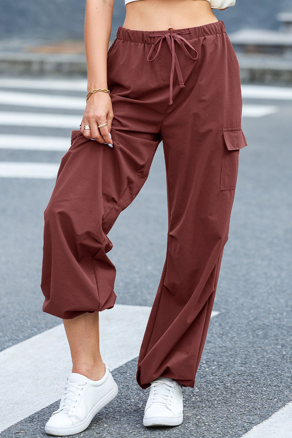 Effie | Women's Mineral Red Cargo Pants with Drawstring-Metro Lane Plaza