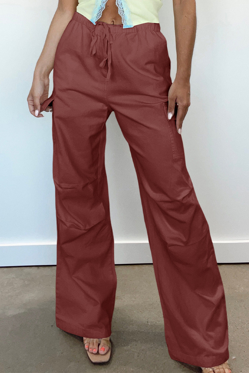 Effie | Women's Mineral Red Cargo Pants with Drawstring-Metro Lane Plaza