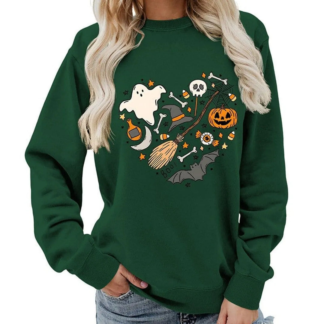 Naisten Halloween-kuvioinen collegepusero pyöreällä pääntiellä