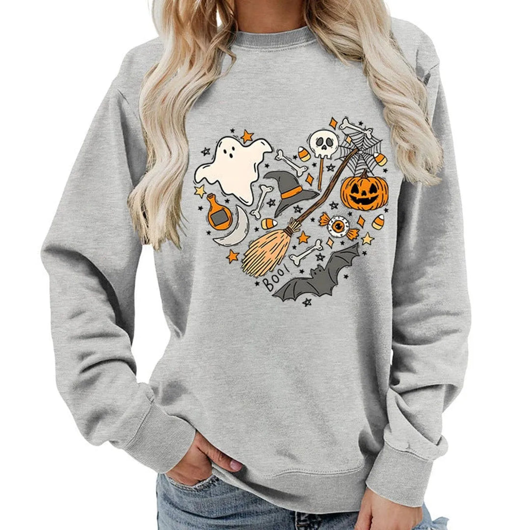 Naisten Halloween-kuvioinen collegepusero pyöreällä pääntiellä