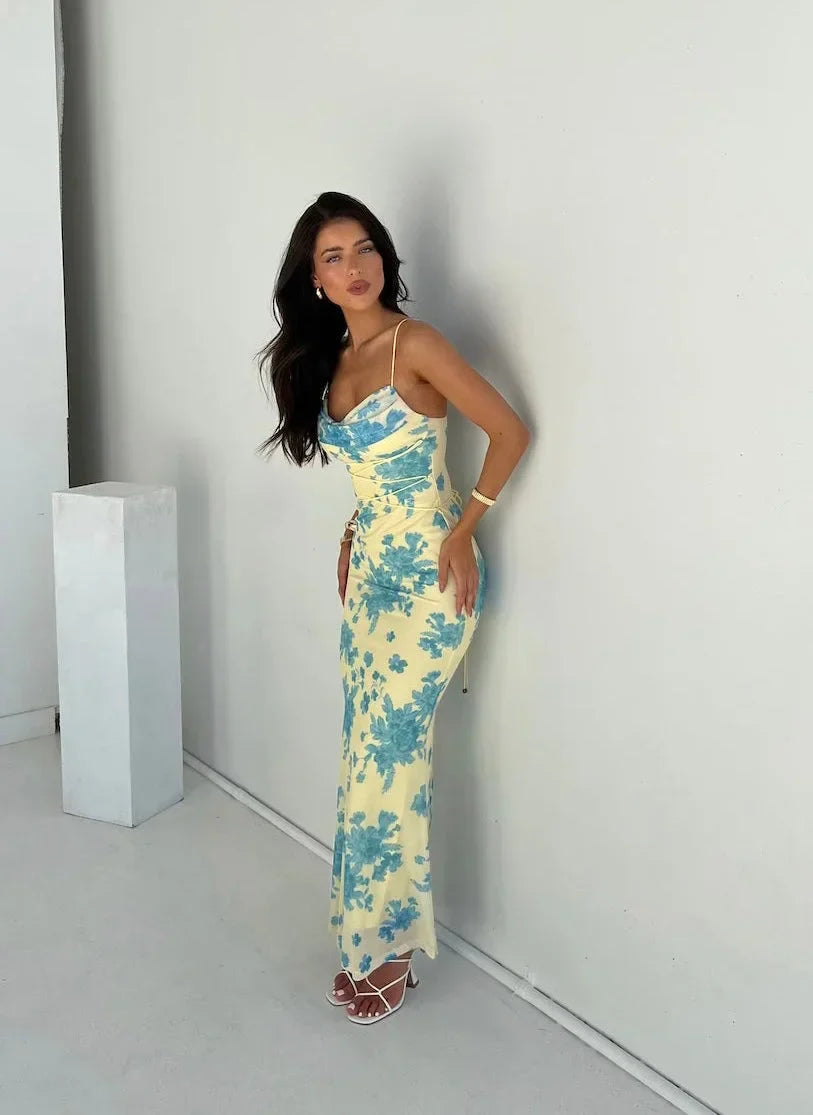 Women's Sleeveless Yellow Floral Maxi Dress in Slim Fit-Metro Lane Plaza