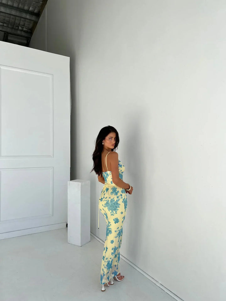 Women's Sleeveless Yellow Floral Maxi Dress in Slim Fit-Metro Lane Plaza