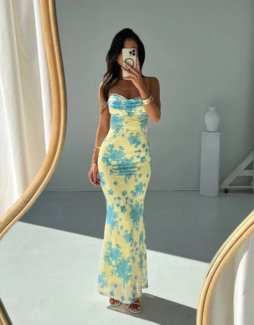 Women's Sleeveless Yellow Floral Maxi Dress in Slim Fit-Metro Lane Plaza