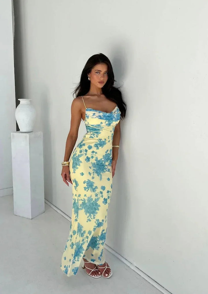 Women's Sleeveless Yellow Floral Maxi Dress in Slim Fit-Metro Lane Plaza