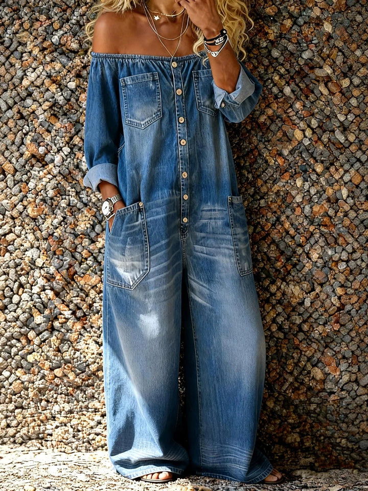 Denimheldragt til kvinder med bare skuldre