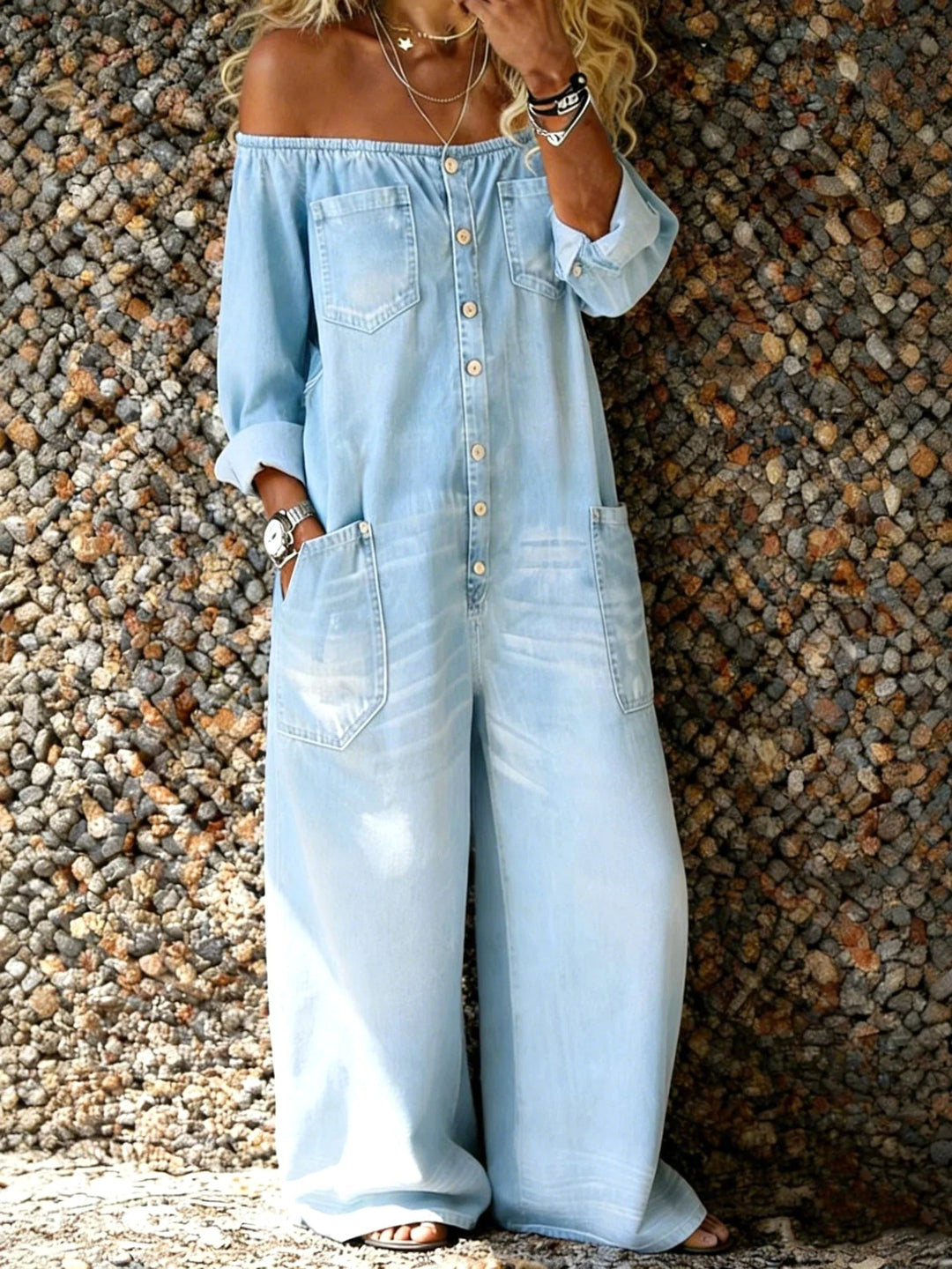 Denimheldragt til kvinder med bare skuldre